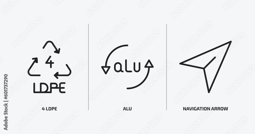 Poster user interface outline icons set. user interface icons such as 4 ldpe, alu, navigation arrow vector.