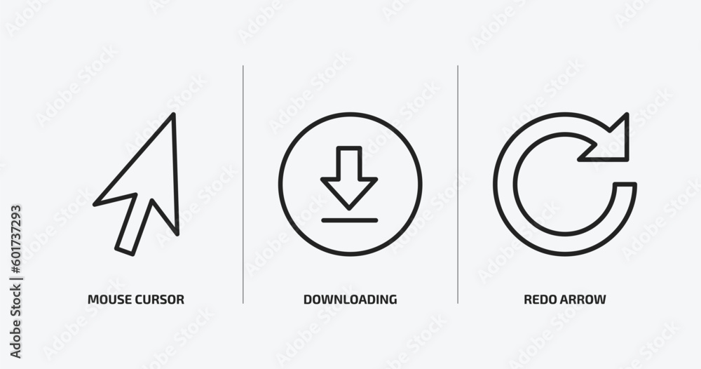 Poster user interface outline icons set. user interface icons such as mouse cursor, downloading, redo arrow
