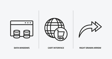 user interface outline icons set. user interface icons such as data windows, cart interface, right drawn arrow vector. can be used web and mobile.