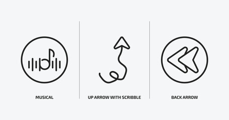 user interface outline icons set. user interface icons such as musical, up arrow with scribble, back arrow vector. can be used web and mobile.
