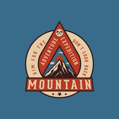 Mountain Vintage Badge illustration, outdoor adventure . Vector graphic print for t shirt and other uses.