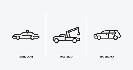 transportation outline icons set. transportation icons such as patrol car, tow truck, hatchback vector. can be used web and mobile. © Farahim