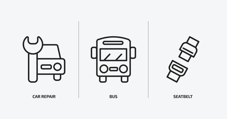 transport outline icons set. transport icons such as car repair, bus, seatbelt vector. can be used web and mobile.