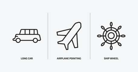 transport outline icons set. transport icons such as long car, airplane pointing up, ship wheel vector. can be used web and mobile.
