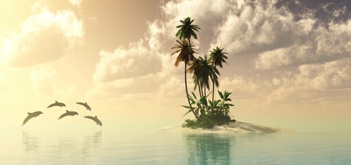 Fototapeta na wymiar Beautiful sea landscape with an island with palm trees, a tropical island with palm trees in the middle of the ocean, 3d rendering