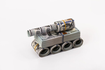 Conceptual plot about the profit of the military-industrial complex with a tank made from american dollars