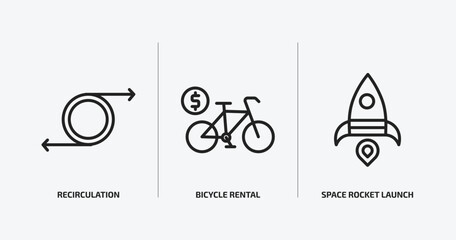 transport outline icons set. transport icons such as recirculation, bicycle rental, space rocket launch vector. can be used web and mobile.