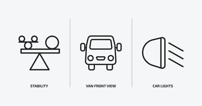 transport outline icons set. transport icons such as stability, van front view, car lights vector. can be used web and mobile.