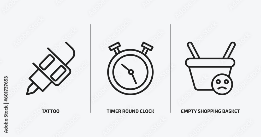 Poster tools and utensils outline icons set. tools and utensils icons such as tattoo, timer round clock, em