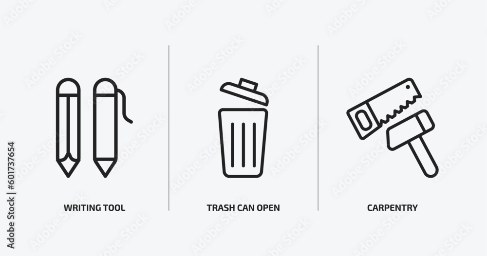 Poster tools and utensils outline icons set. tools and utensils icons such as writing tool, trash can open,