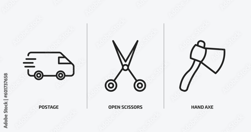 Poster tools and utensils outline icons set. tools and utensils icons such as postage, open scissors, hand 