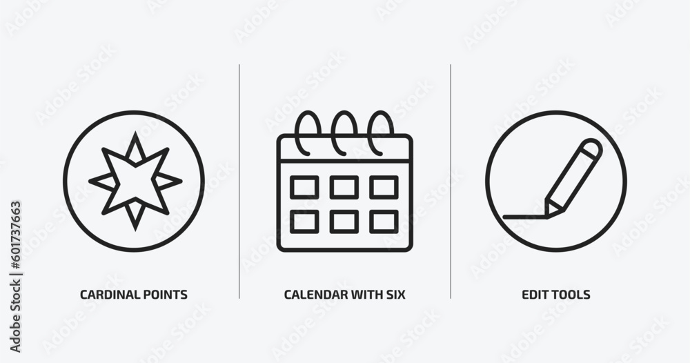 Poster tools and utensils outline icons set. tools and utensils icons such as cardinal points, calendar wit