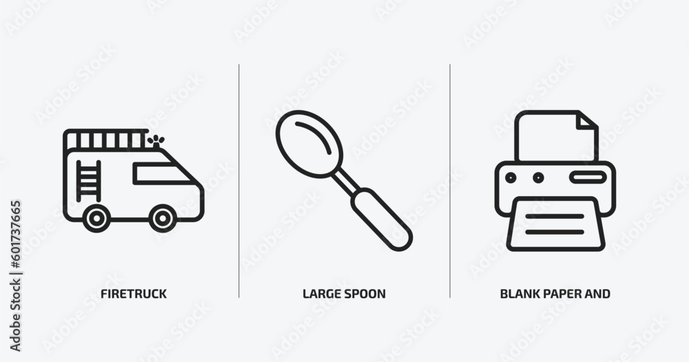 Poster tools and utensils outline icons set. tools and utensils icons such as firetruck, large spoon, blank