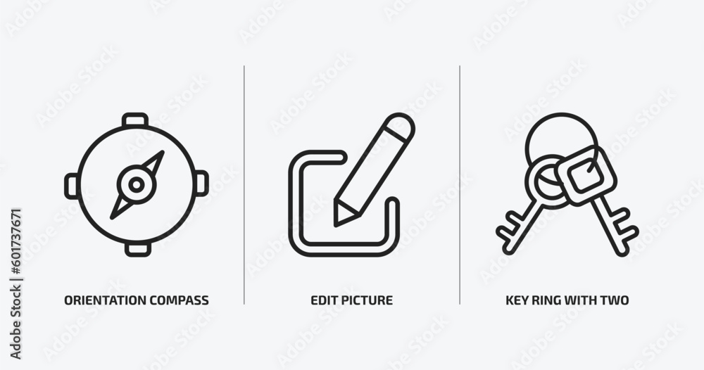 Poster tools and utensils outline icons set. tools and utensils icons such as orientation compass, edit pic