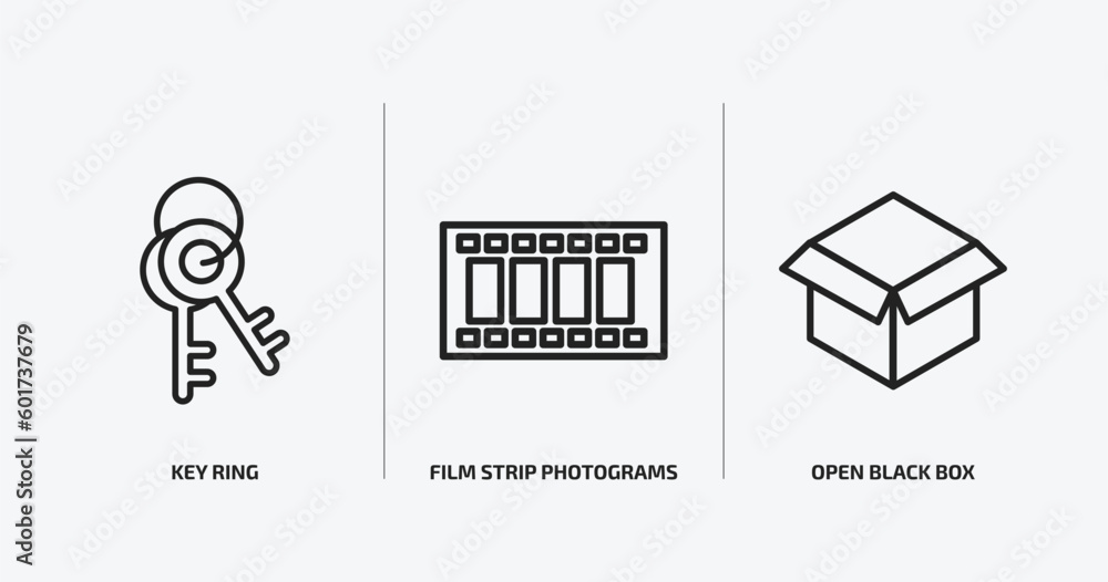 Poster tools and utensils outline icons set. tools and utensils icons such as key ring, film strip photogra