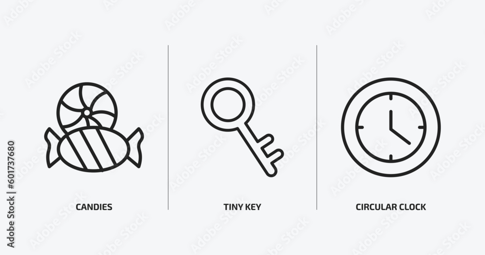 Poster tools and utensils outline icons set. tools and utensils icons such as candies, tiny key, circular c