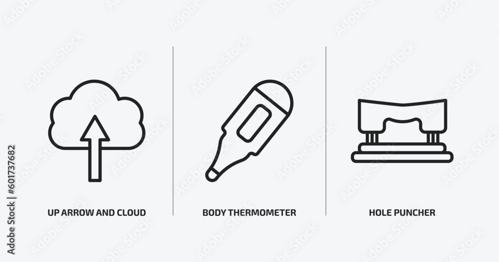 Poster tools and utensils outline icons set. tools and utensils icons such as up arrow and cloud, body ther