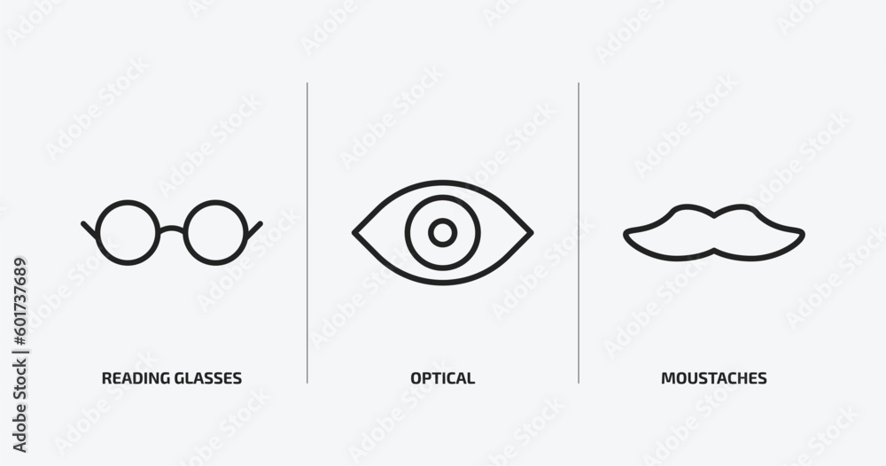 Poster tools and utensils outline icons set. tools and utensils icons such as reading glasses, optical, mou