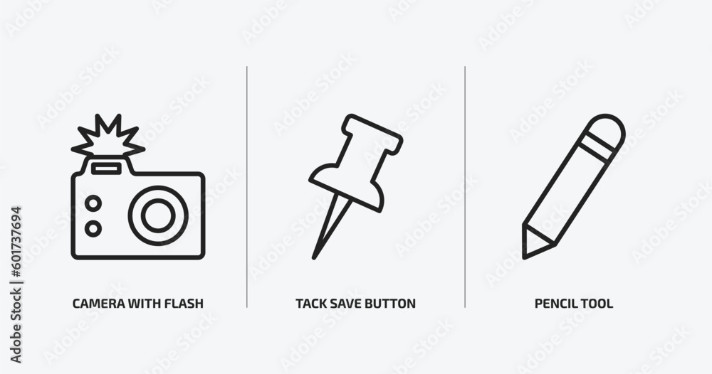 Poster tools and utensils outline icons set. tools and utensils icons such as camera with flash, tack save 