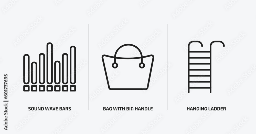 Poster tools and utensils outline icons set. tools and utensils icons such as sound wave bars, bag with big