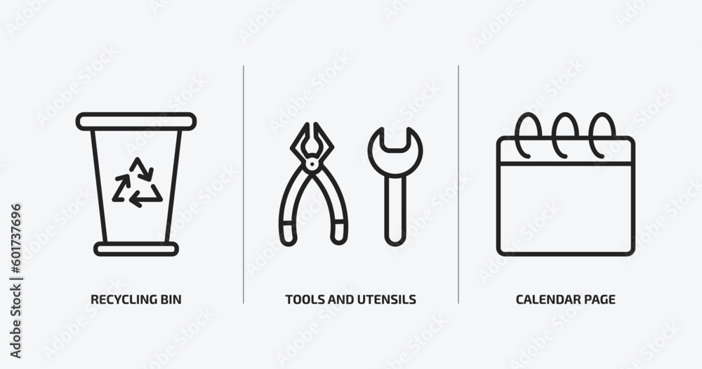 Poster tools and utensils outline icons set. tools and utensils icons such as recycling bin, tools and uten