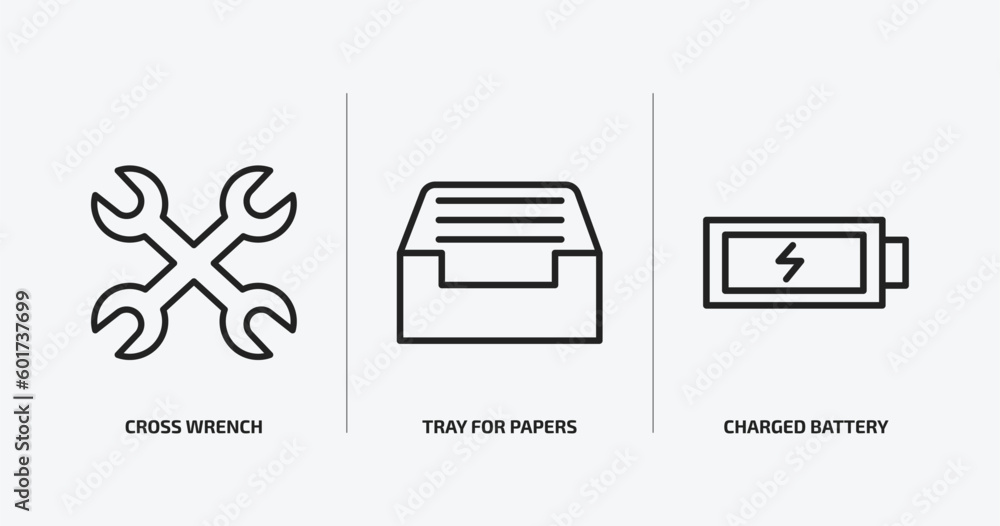 Poster tools and utensils outline icons set. tools and utensils icons such as cross wrench, tray for papers
