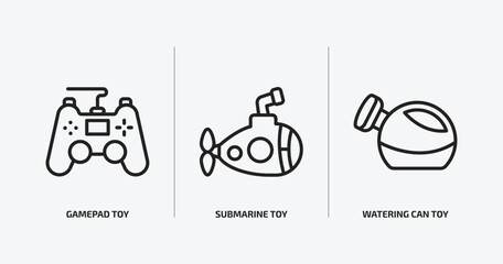 toys outline icons set. toys icons such as gamepad toy, submarine toy, watering can toy vector. can be used web and mobile.