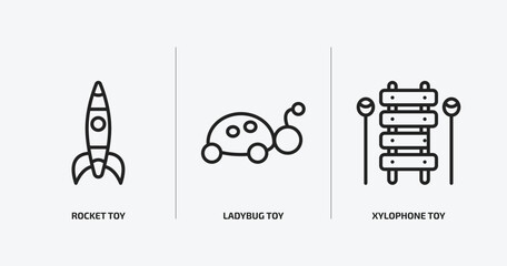 toys outline icons set. toys icons such as rocket toy, ladybug toy, xylophone toy vector. can be used web and mobile.