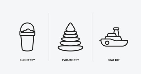 Fototapeta na wymiar toys outline icons set. toys icons such as bucket toy, pyramid toy, boat toy vector. can be used web and mobile.