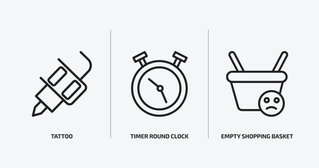 tools and utensils outline icons set. tools and utensils icons such as tattoo, timer round clock, empty shopping basket vector. can be used web and mobile.