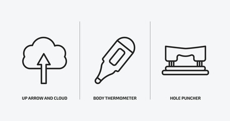 tools and utensils outline icons set. tools and utensils icons such as up arrow and cloud, body thermometer, hole puncher vector. can be used web mobile.