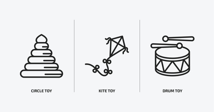 toys outline icons set. toys icons such as circle toy, kite toy, drum toy vector. can be used web and mobile.