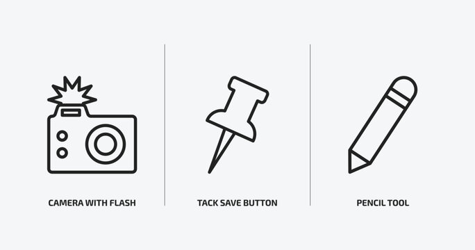tools and utensils outline icons set. tools and utensils icons such as camera with flash, tack save button, pencil tool vector. can be used web and mobile.
