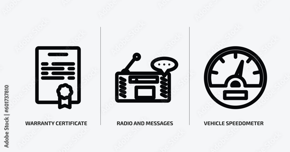 Aufkleber technology outline icons set. technology icons such as warranty certificate, radio and messages, veh