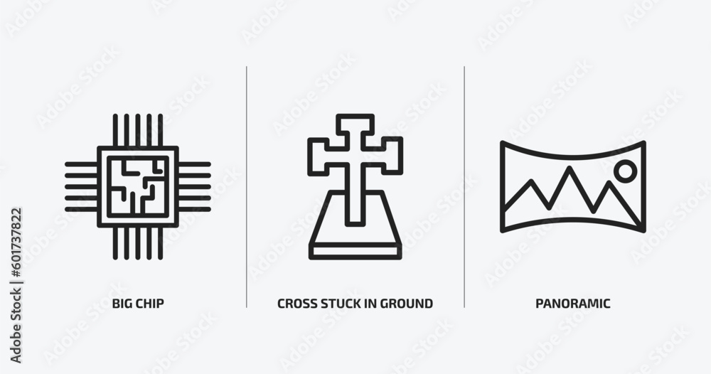 Poster technology outline icons set. technology icons such as big chip, cross stuck in ground, panoramic ve