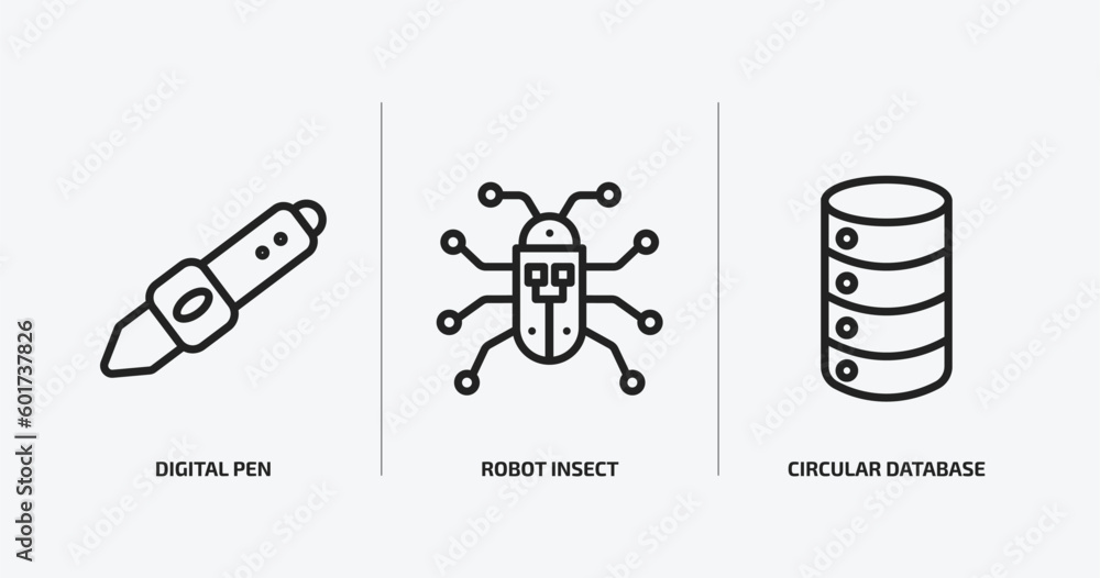 Poster technology outline icons set. technology icons such as digital pen, robot insect, circular database 