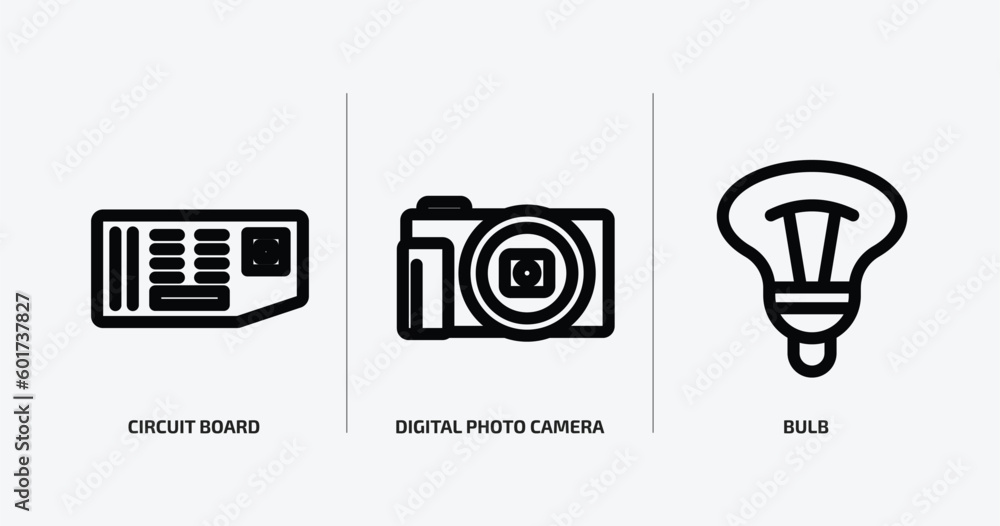 Poster technology outline icons set. technology icons such as circuit board, digital photo camera, bulb vec
