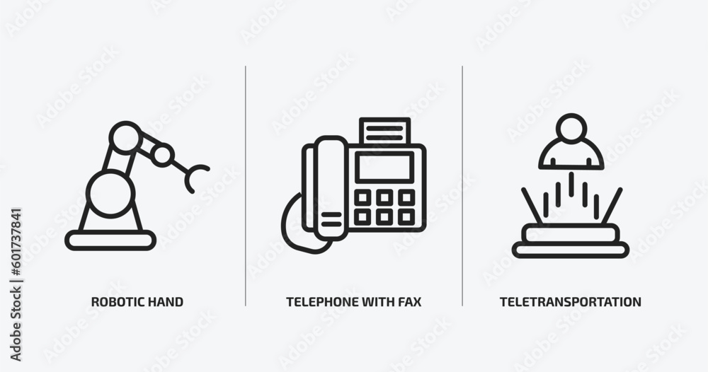 Poster technology outline icons set. technology icons such as robotic hand, telephone with fax, teletranspo