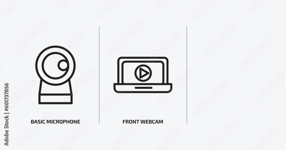 Poster technology outline icons set. technology icons such as basic microphone, front webcam, open laptop v