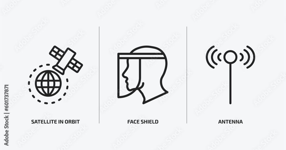 Poster technology outline icons set. technology icons such as satellite in orbit, face shield, antenna vect