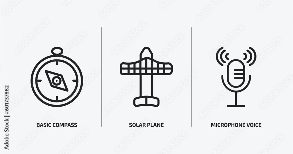 Poster technology outline icons set. technology icons such as basic compass, solar plane, microphone voice 