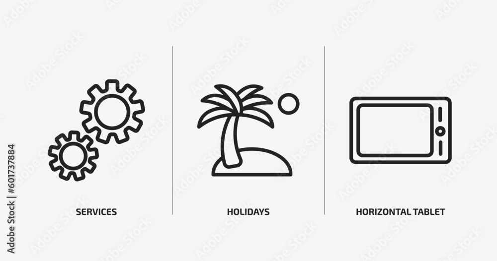 Poster technology outline icons set. technology icons such as services, holidays, horizontal tablet vector.