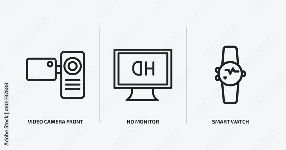Poster technology outline icons set. technology icons such as video camera front view, hd monitor, smart wa