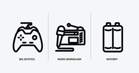 technology outline icons set. technology icons such as big joystick, radio journalism, baterry vector. can be used web and mobile.