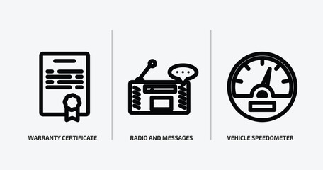 technology outline icons set. technology icons such as warranty certificate, radio and messages, vehicle speedometer vector. can be used web and mobile.