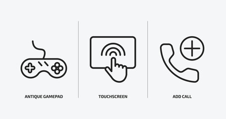 technology outline icons set. technology icons such as antique gamepad, touchscreen, add call vector. can be used web and mobile.