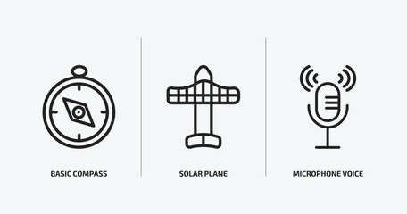 technology outline icons set. technology icons such as basic compass, solar plane, microphone voice vector. can be used web and mobile.