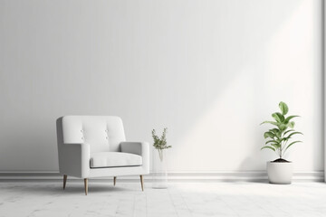 Fototapeta na wymiar Modern minimalist interior with an armchair on empty white color wall background. AI generative