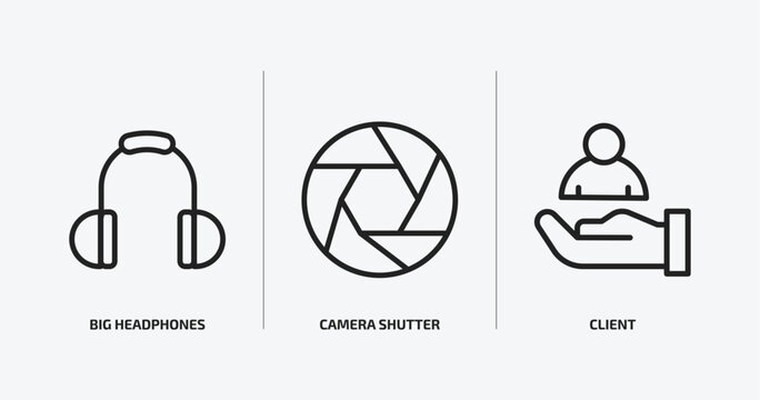 technology outline icons set. technology icons such as big headphones, camera shutter, client vector. can be used web and mobile.