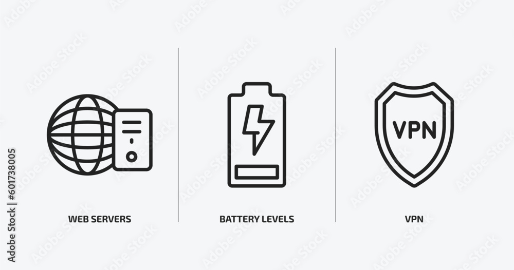 Poster technology outline icons set. technology icons such as web servers, battery levels, vpn vector. can 